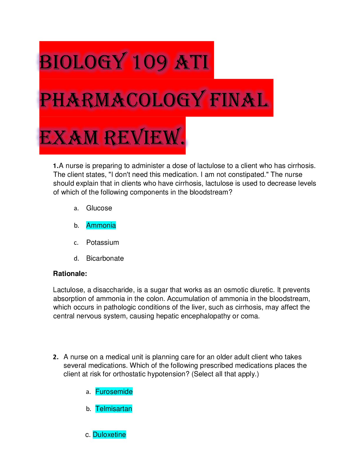 Preview of BIOLOGY 109 ATI PHARMACOLOGY  FINAL EXAM REVIEW